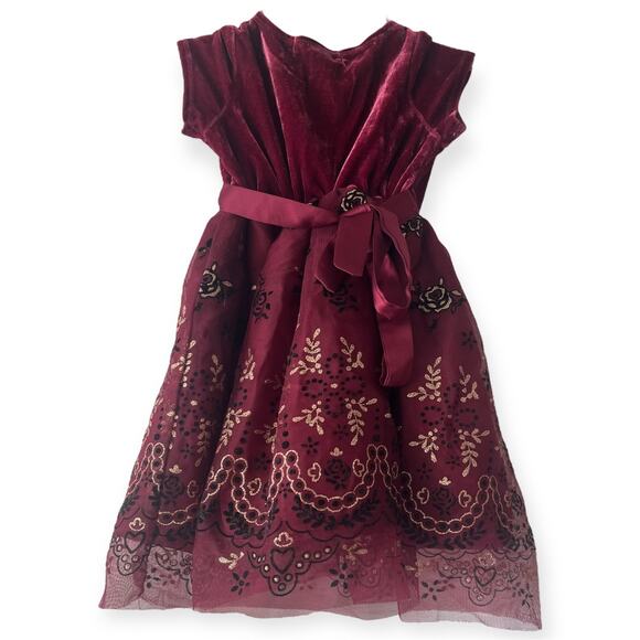 Rare Editions Velvet Floral Holiday Dress 2T Burgundy Tulle Bow Christmas Photos - Picture 5 of 13